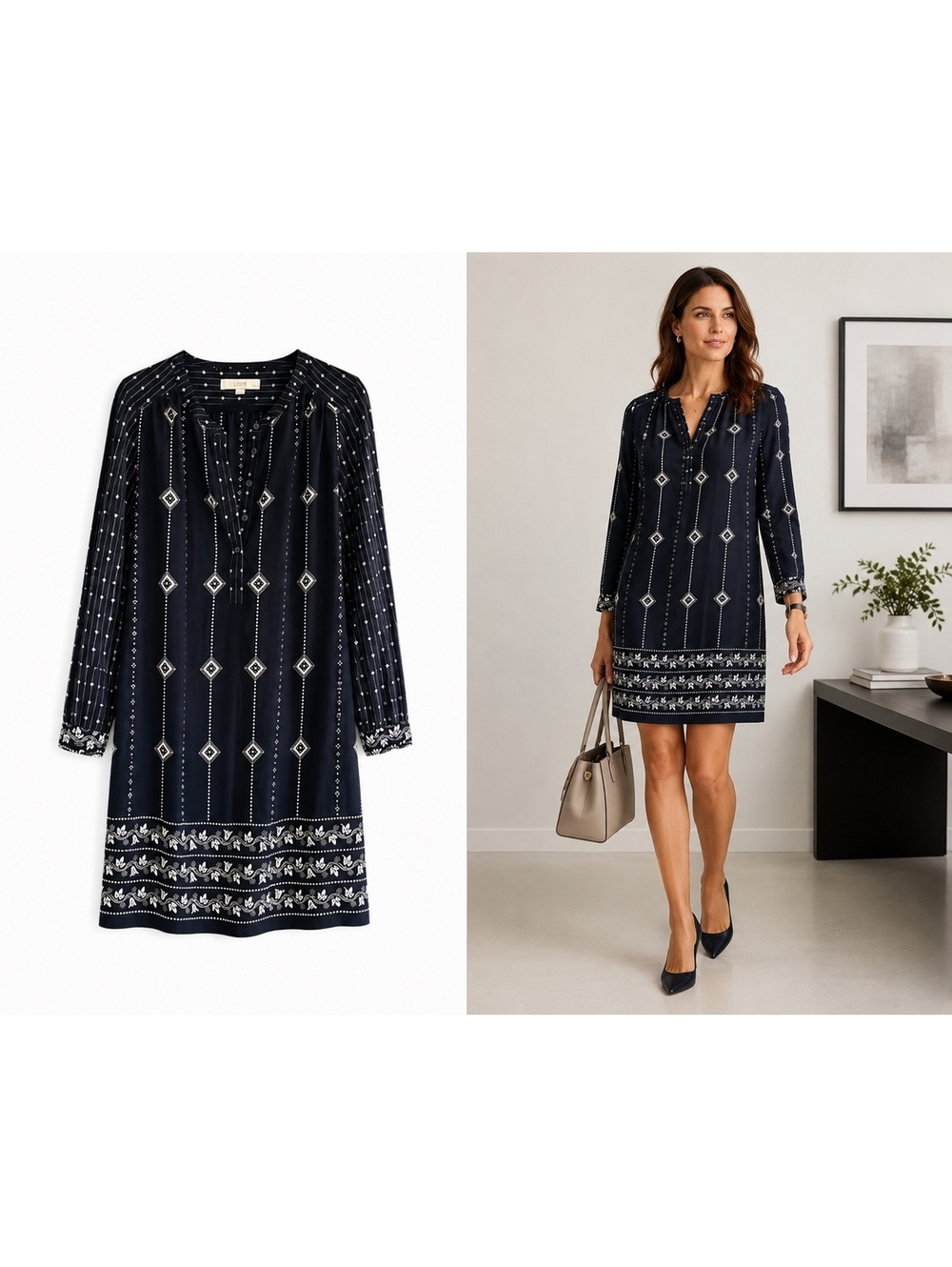 LOFT Navy Printed Shift Dress Tassel Tie Boho Mini Dress Medium